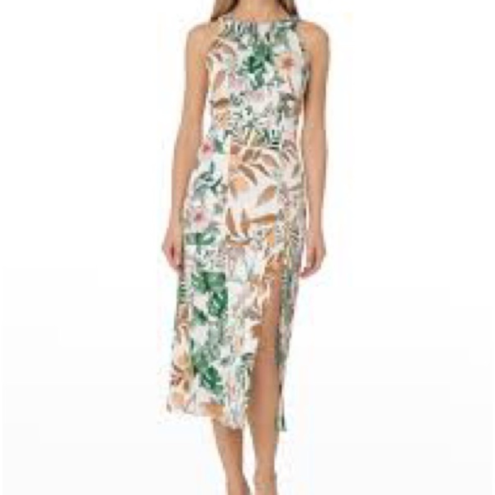 MIA JUNGLE PRINT SLEEVELESS MIDI DRESS IN ECRU MULTI